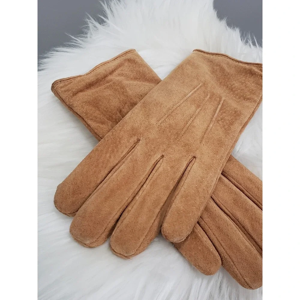 Vintage Camel Leather Camel Tan Aris Isotoner Fleece Line Leather Gloves Driving